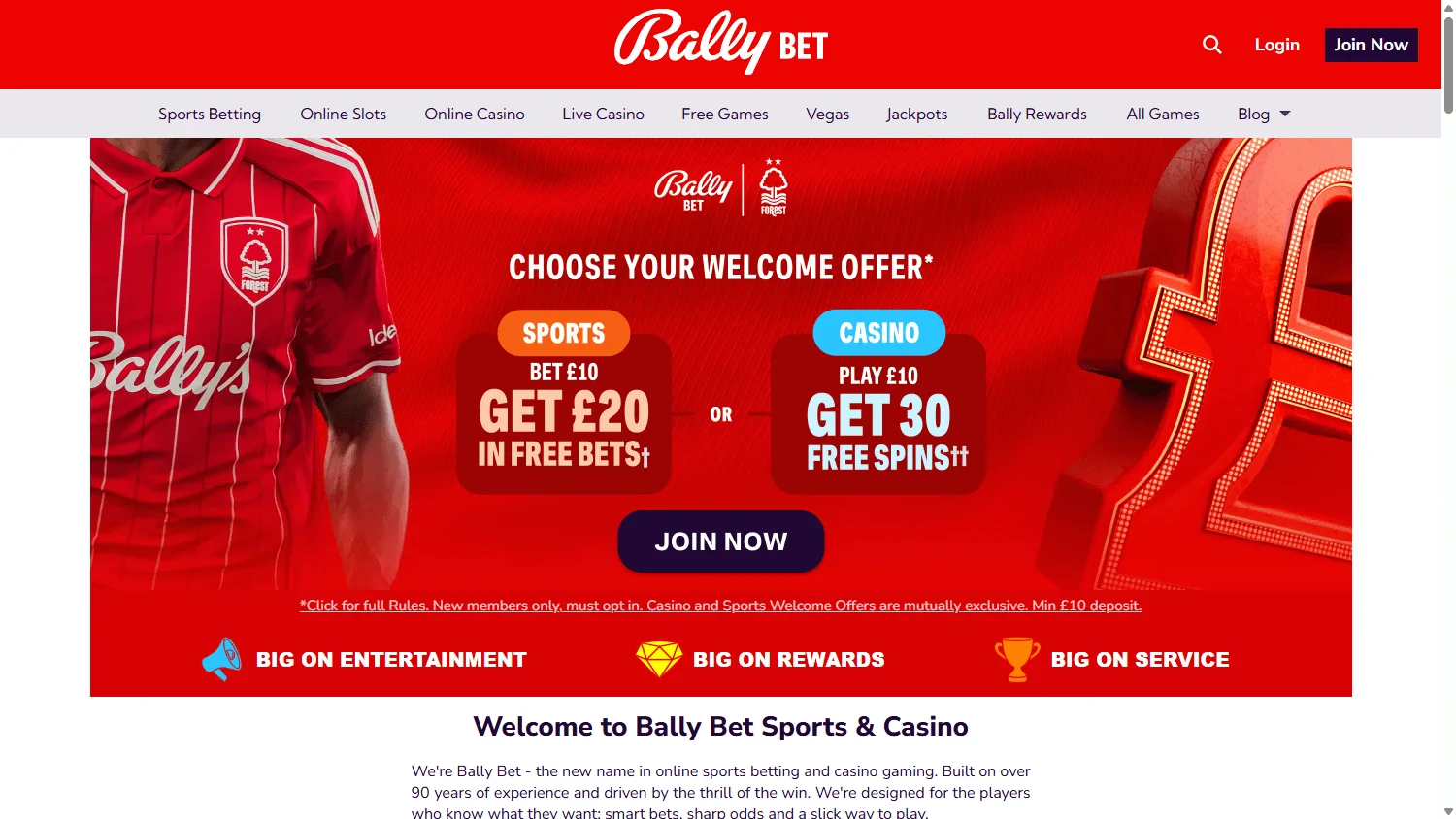 Bally Casino desktop home screen with casino and sports betting options