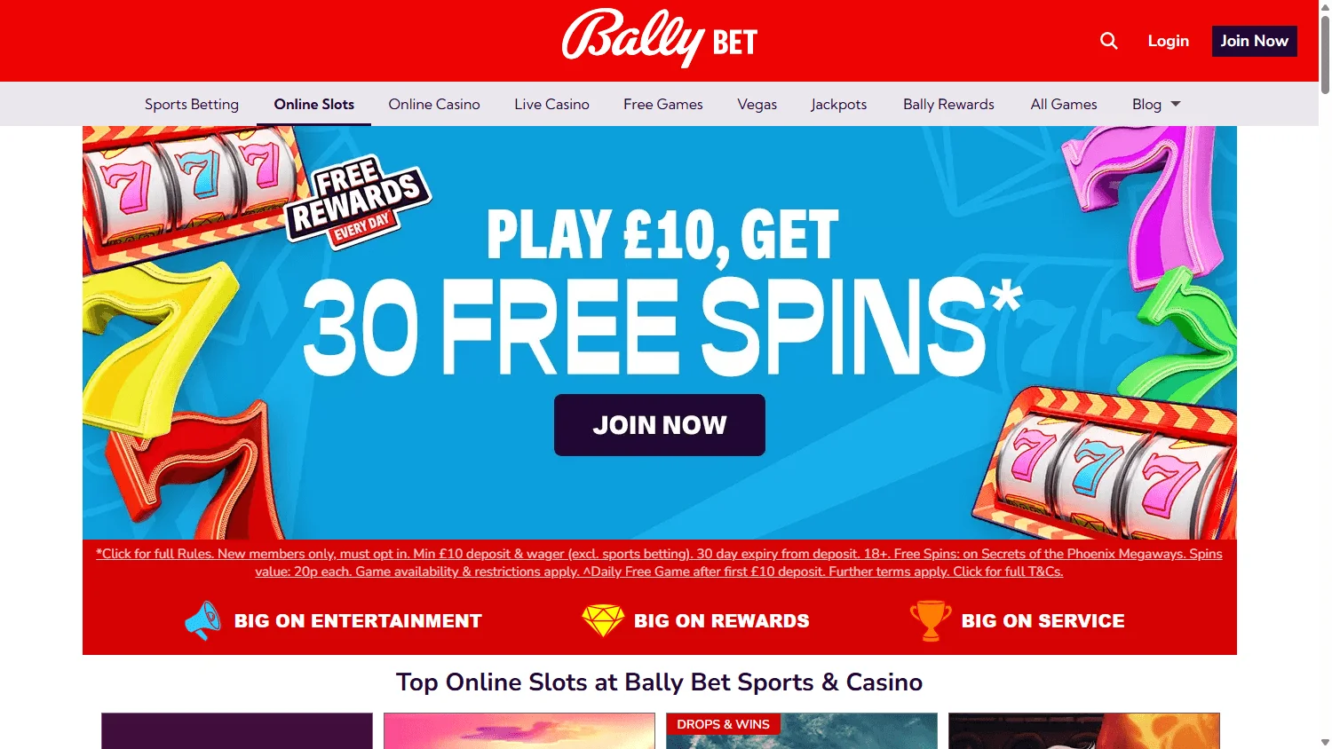 Bally Casino desktop games catalogue with slots and casino categories