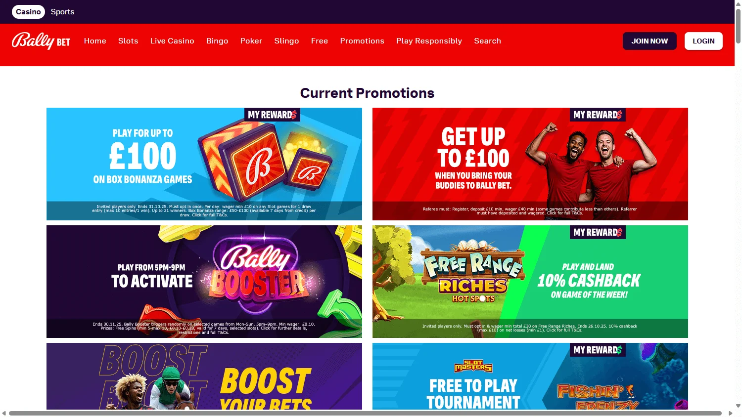 Bally Casino desktop promotions area with welcome and reward offers
