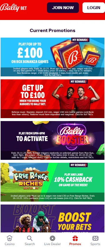 Bally Bet Sports & Casino mobile promotions area